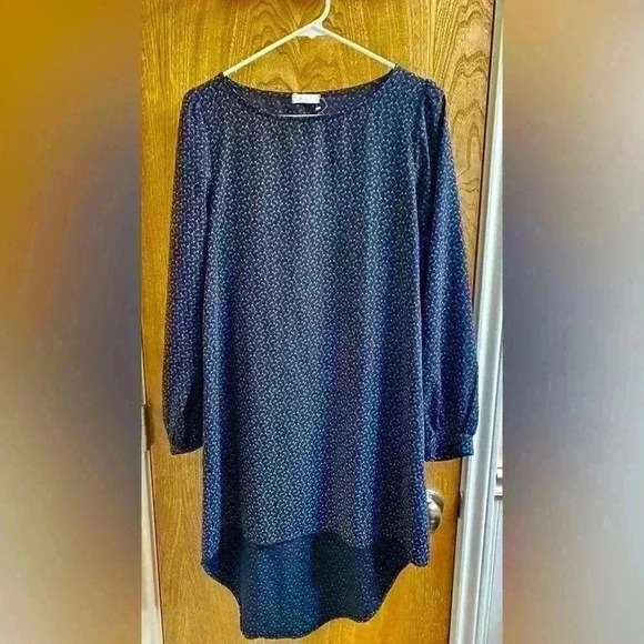 Everly Asymmetrical Dark Navy Long Sleeve Dress with Flag Patterns Size M - Picture 1 of 7